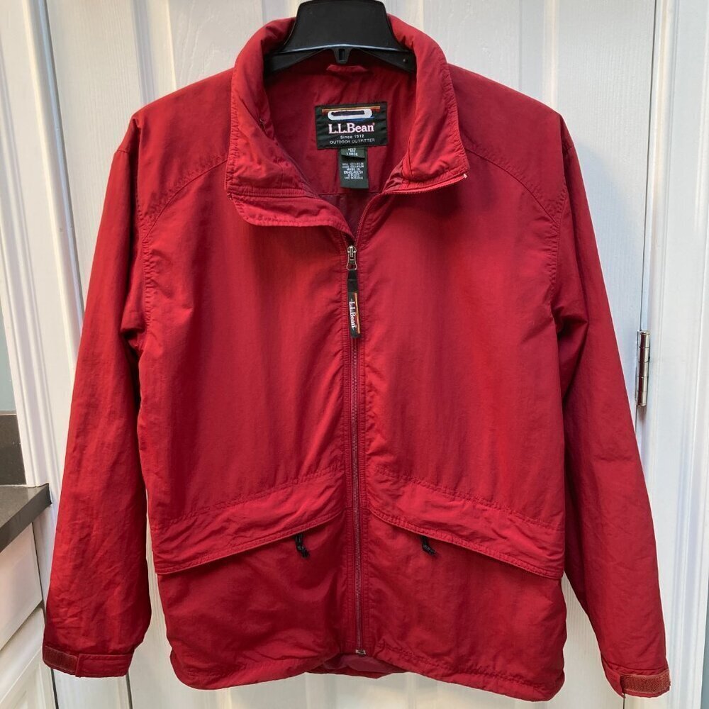 L.L. Bean Red Nylon Lined Full Zip Hooded Jacket Zip Pockets Size Large